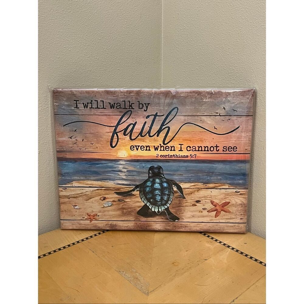 New! Sea Turtle Beach I Will Walk by Faith Mounted Printed Canvas Wall Art